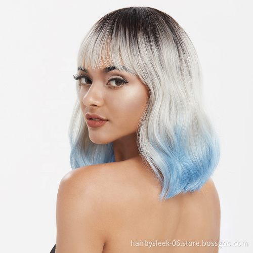 Wholesale 12 inches Short Bob Wig With Bangs Heat Resistant Wig For Black Women Ombre 3 Color Loose Wavy Hair Synthetic Wigs